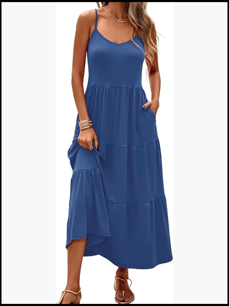 Flowy Tiered Maxi Dress With Pockets Adjustable Straps Summer Sundress